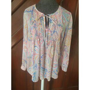 Tommy Hilfiger Womens Paisley Print Blouse M Sheer Long Sleeve Tie Neck Lightwei